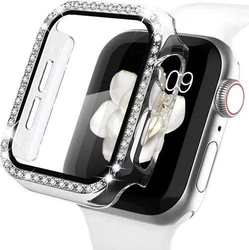 Vista 8 de Recoppa funda para Apple Watch con protector de pantalla con cristales brillantes y diamantes de imitación, ultrafina, funda con protección Negro
