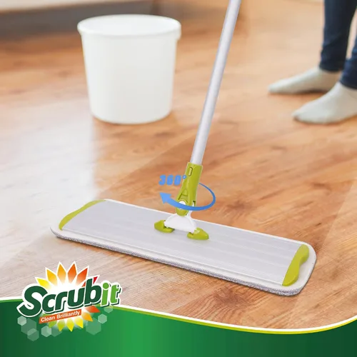 Vista 6 de SCRUBIT Trapeador de microfibra para todo tipo de suelos con 2 almohadillas lavables y reutilizables, altura ajustable, mango giratorio de 360