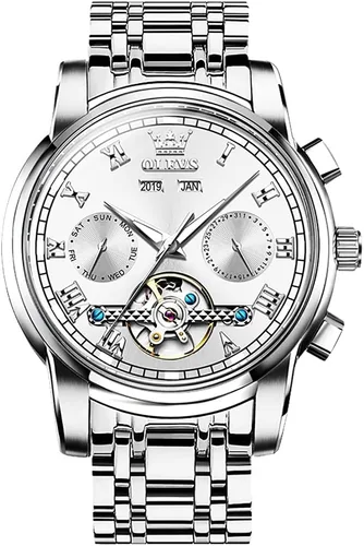 Vista 9 de OLEVS Relojes automáticos de cuerda automática para hombre, fecha y día, calendario, relojes de acero inoxidable, movimiento esquelético