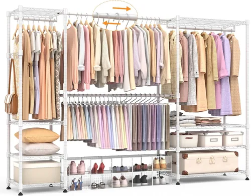 Vista 10 de Homdox Perchero resistente con varillas extensibles para colgar, perchero de metal ajustable para colgar ropa, armario independiente con estantes