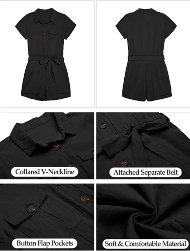 Vista 5 de Vetinee Enterizo de verano para mujer, con bolsillos, cinturón, botones, manga corta