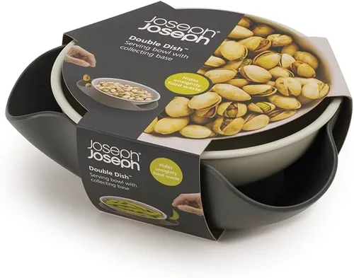 Vista 2 de Joseph Joseph Cuenco doble para servir pistacho y aperitivos con compartimento para desechos de alimentos, sin BPA, color gris