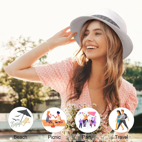 Vista 6 de Livingston Sombrero de paja Fedora para mujeres y hombres, plegable y plegable estilo Panamá Trilby Panamá sombrero de playa de verano