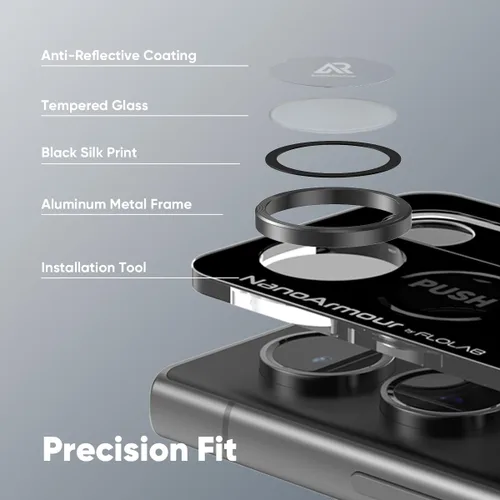 Vista 5 de FLOLAB NanoArmour - Protector de lente de cámara para Samsung Galaxy S24 Ultra, duradero, cubierta de vidrio templado, cubierta de lente de Negro