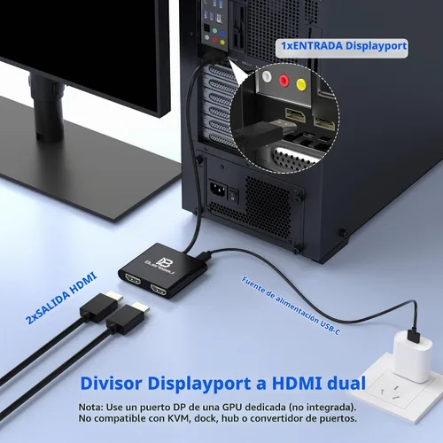 Vista 2 de Divisor DisplayPort a HDMI dual 4K a 60Hz, alimentado por USB-C, DisplayPort 1.4 MST Hub DP a HDMI 1 en 2 salidas divisor para monitores duales modo