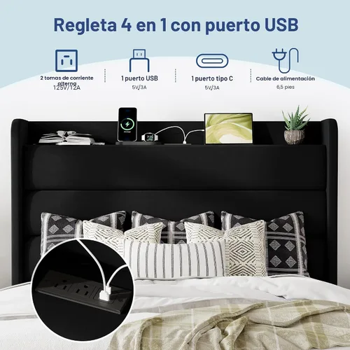 Vista 5 de Allewie Estructura de Cama Tapizada Tamaño Full con Estación de Carga y Cabecera con Almacenamiento, Cama Plataforma de Terciopelo Suave