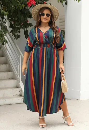Vista 5 de Nemidor NEM403 - Vestido largo acampanado con cuello en V y estampado bohemio para mujer, talla grande, con bolsillo