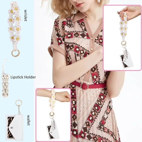 Vista 115 de BIHRTC Llavero de pulsera boho con soporte para lápiz labial, pulsera hecha a mano