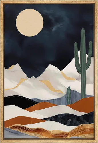 Vista 39 de SIGNFORD Impresión en Lienzo Enmarcado Arte de Pared Luna de Medianoche Cactus Desierto Duna Naturaleza Vida Silvestre Ilustraciones Decorativas
