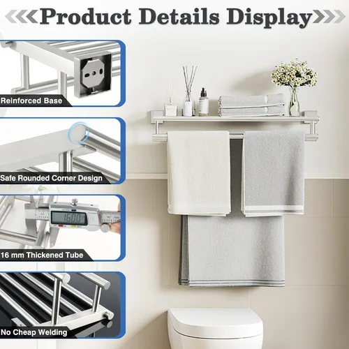 Vista 5 de Alise Toallero, Estante de Toallas con Barras Dobles para Lavabo de Baño, SUS 304 Acero Inoxidable de Montaje en Pared, 40.6 cm Níquel Cepillado