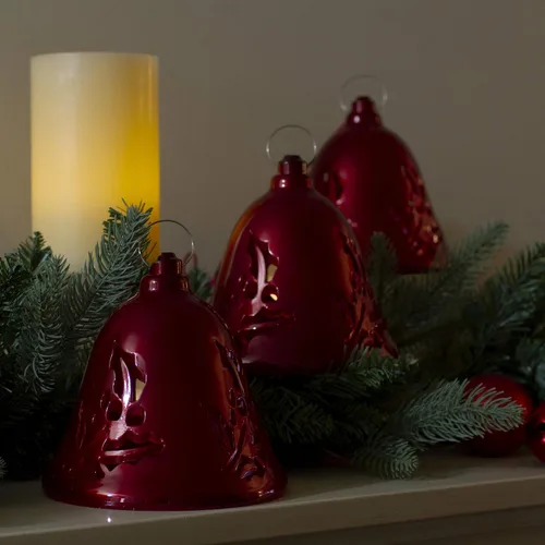 Vista 2 de Decoraciones navideñas de campanas rojas iluminadas musicales, 6.5 pulgadas, color rojo, juego de 3
