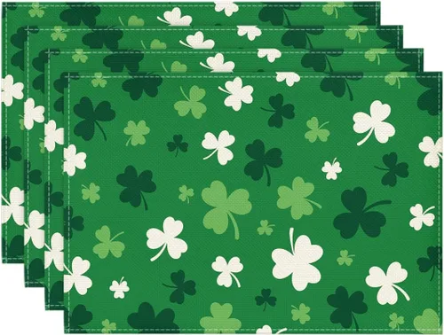 Vista 7 de Artoid Mode Juego de 4 manteles individuales del día de San Patricio con trébol beige de 12 x 18 pulgadas para decoración de fiestas, cocina, comedor