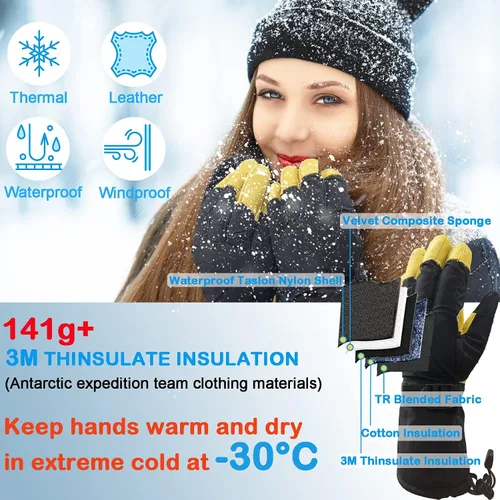 Vista 3 de Guantes de esquí de invierno de cuero para hombres, mujeres y niños, -22 3M Thinsulate cálidos para nieve, snowboard, motos de nieve, guantes