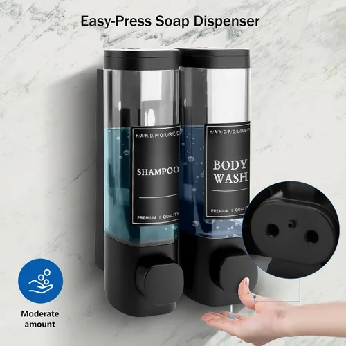 Vista 4 de Dispensador de champú y acondicionador, dispensador de jabón de ducha montado en la pared, 2 cámaras de 10.1 fl oz, dispensadores de jabón de manos