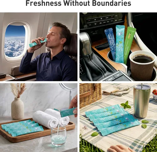 Vista 4 de Enjuague bucal de tamaño de viaje, paquetes portátiles para llevar, sin alcohol ni flúor, tiras de enjuague bucal de menta fresca para una higiene
