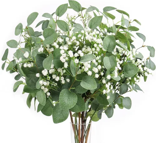 Vista 10 de Beferr Decoración de tallos de eucalipto de otoño, 5 piezas de ramas de eucalipto artificiales de 23 pulgadas, hojas de otoño, arreglos florales