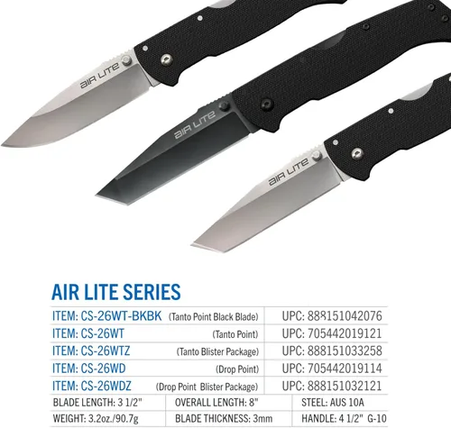 Vista 6 de Cold Steel Air Lite - Cuchillo plegable de bolsillo compacto de 3.5 pulgadas AUS10A con mango G-10 de 4.5 pulgadas, con bloqueo Tri-Ad