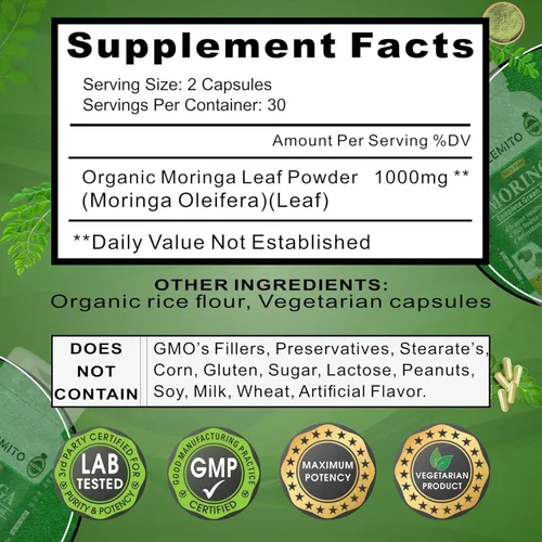 Vista 2 de Cápsulas de moringa, polvo de hoja pura, superalimento verde, energía, metabolismo y apoyo inmunológico, sin OMG, vegano, sin gluten