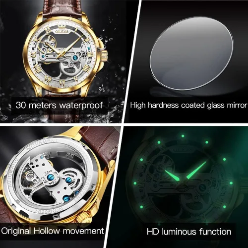 Vista 23 de OLEVS Relojes de esqueleto para hombre, automático, mecánico, de lujo, de cuero, impermeable, luminoso, reloj de pulsera para hombre