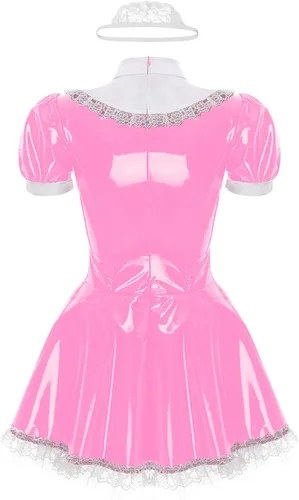 Vista 5 de Vestido de sirvienta de látex francés de manga corta para mujer, disfraz de cosplay con delantal