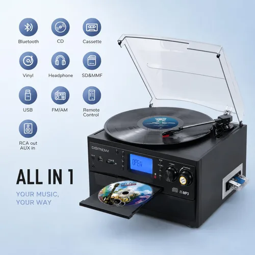Vista 2 de FEKTIK Tocadiscos Bluetooth 10 en 1 con altavoz integrado, reproductor de discos de vinilo, casete de CD y radio FM, entrada AUX en salida RCA, USB