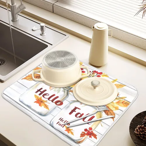 Vista 5 de Tapete de secado de platos de hojas de otoño y girasol, almohadilla absorbente de secado rápido, protector para encimera de cocina, 16 x 18 pulgadas