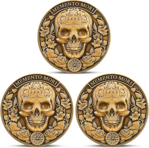 Vista 10 de Memento Mori Stoic Coin - Parca y reloj de arena, lápida de serpiente - Ficha de recordatorio de bolsillo con vitrina (moneda individual)