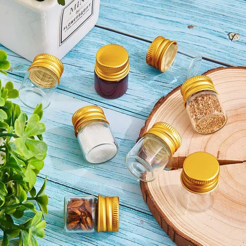 Vista 5 de Tessco for you 100 piezas botellas de vidrio mini de 5 ml (0.17 onzas líquidas) con tapa de aluminio, frascos pequeños, frascos de vidrio mini Dorado