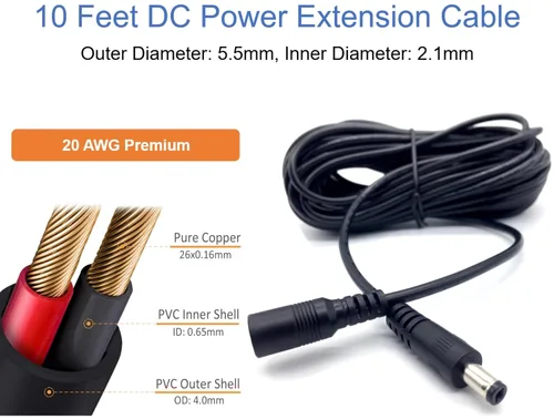 Vista 4 de [20AWG] 10ft DC Power Extension Cable Cord for 12V AC DC Power Supply Adapter, CCTV Security Camera, DVR, NVR, LED Light Strips, 12V Home Appliances