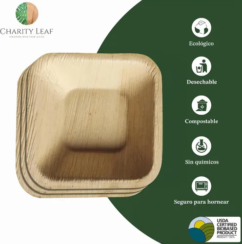 Vista 2 de Charity Leaf Platos desechables de hoja de palma de 2.5" cuadrados mini (25 piezas) Cuencos para sumergir De bambú Todo natural