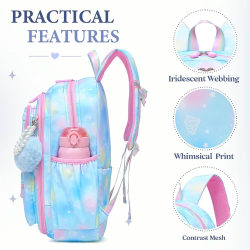 Vista 4 de Alrisg Mochila escolar para niñas, para escuela primaria, linda mochila para niñas, color azul