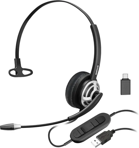 Vista 11 de Auriculares USB con micrófono para oficina centro de llamadas telefónico, auriculares USB-A ligeros de 1 oreja con micrófono con cancelación
