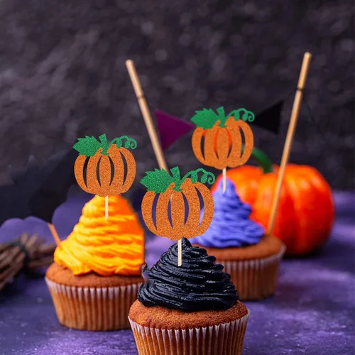 Vista 7 de 24 piezas de decoración de calabaza para cupcakes con purpurina temática de otoño, decoración de pasteles con temática de calabaza, cumpleaños