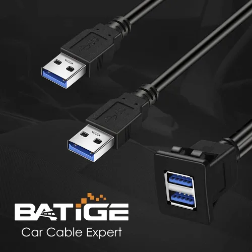 Vista 5 de Cable de extensión cuadrado USB 3.0 de doble puerto con hebilla para coche, camión, barco, motocicleta, salpicadero, 1 pie