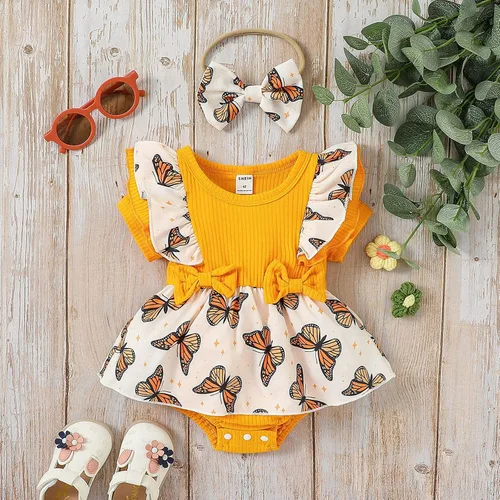 Vista 2 de Conjunto de 2 piezas de ropa de verano para bebé recién nacida, manga corta, estampado de mariposas, con tirantes acanalados, diadema