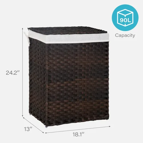 Vista 6 de Cesta de ropa con tapa, cesta de lavandería de 90 litros con tapa, cestas grandes para lavandería con 2 bolsas extraíbles con forro, cesta de Marrón