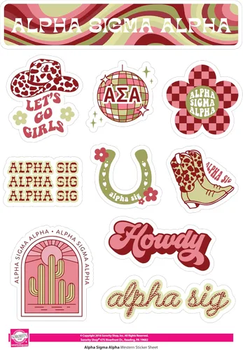 Vista 5 de Alpha Sigma Alpha - Hoja de calcomanías de vinilo de diseño occidental con diseños con licencia oficial, adhesivo extraíble, 10 calcomanías por
