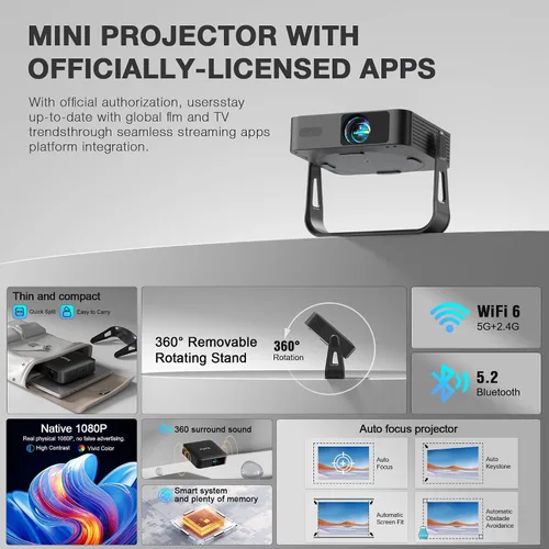 Vista 4 de [Officially-Licensed App & Auto Focus]Black Smart Mini Projector with WiFi and Bluetooth, XuanPad 4K Support Movie Projector, Portable Native 1080P