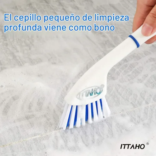 Vista 4 de Cepillo de limpieza de suelo con mango largo, cepillo 2 en 1, escoba de cerdas rígidas y cepillo de limpieza para suelos de azulejos, terraza