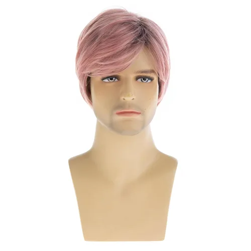 Vista 7 de Peluca corta marrón para hombre, cabello natural, repuesto sintético, disfraz de Halloween, pelucas completas Marrón oscuro