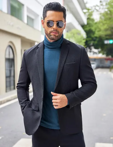 Vista 4 de COOFANDY Camisetas de manga larga con cuello alto para hombre, ajustadas, acanaladas, básicas, suéter de punto ligero