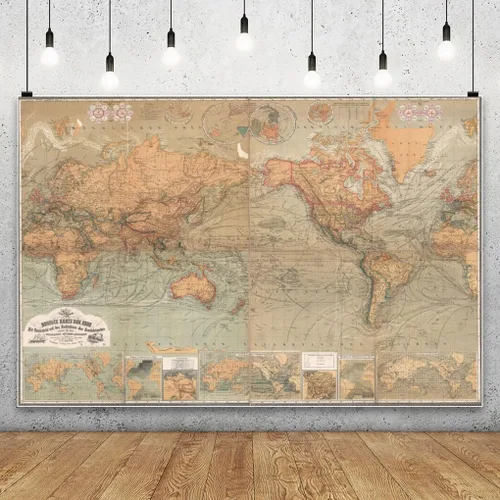 Vista 3 de AOFOTO Telón de fondo de fotografía de mapa del viejo mundo de 7 x 5 pies, estilo vintage, retro, mapa náutico del mundo, fondo marrón antiguo