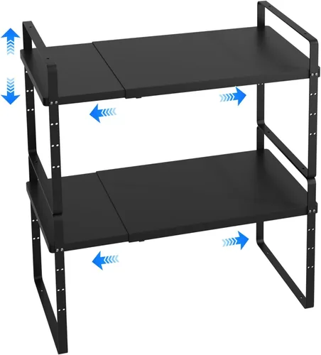 Vista 8 de Organizador de estante expandible para gabinete, almacenamiento apilable para mostrador de despensa de cocina, soporte ajustable para armario, Negro