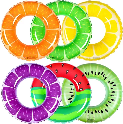 Vista 8 de 6 unidades de flotadores inflables de frutas para piscina, anillos de natación, sandía, naranja, uva, limón, kiwi, juguetes de piscina, tubos