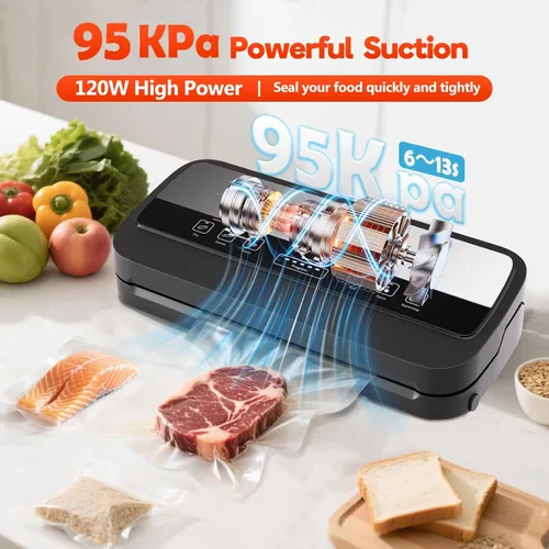 Vista 4 de Máquina selladora al vacío, sellador al vacío de 95 Kpa para alimentos con almacenamiento de bolsas y cortador integrado, máquina selladora al vacío