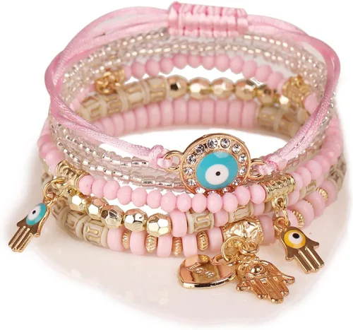 Vista 4 de Caiyao Juego de pulseras apilables de varias capas con cuentas de mal de ojo bohemio, multicolor, dije de ojo boho, semilla, Hamsa Fátima, colgante