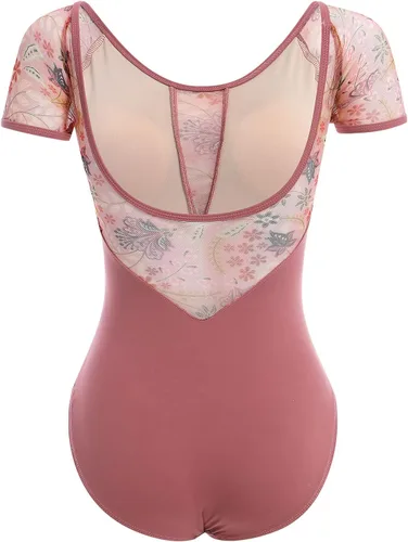 Vista 8 de AFAVOM Leotardos de ballet para mujeres adultas con estampado de flores de mariposa sin espalda, leotardos de gimnasia con brasier y prácticas