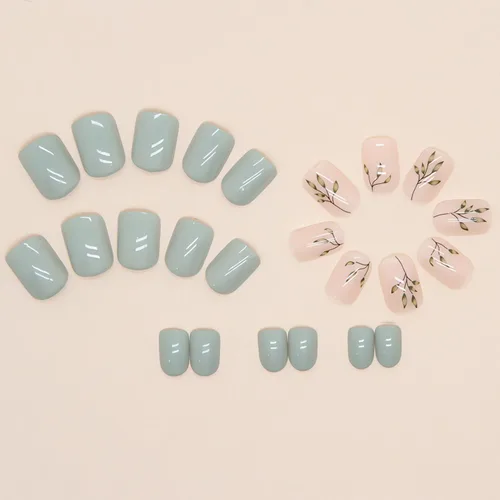 Vista 4 de LPOODDNU 24 uñas postizas cuadradas cortas, diseño de hoja verde lago, uñas acrílicas brillantes de cobertura completa, material ABS, para mujer