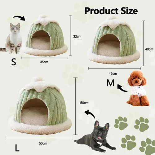 Vista 6 de Cama tipo cueva para gatos, bonita casa de gato de dibujos animados, tienda de campaña pequeña con almohada extraíble lavable, cama cálida para Verde