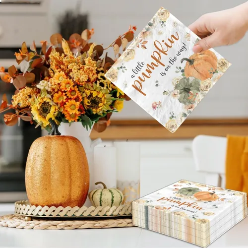 Vista 6 de A Little Pumpkin is on The Way - 40 servilletas de calabaza pequeña para baby shower, decoración de fiesta de otoño, calabaza, floral, niño y niña